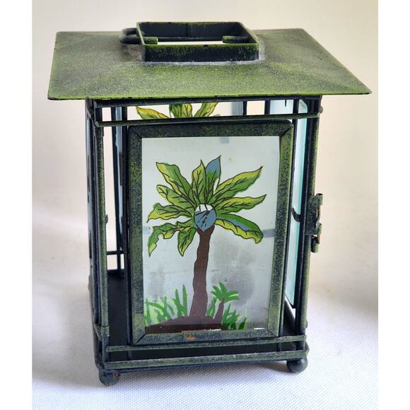 CANDLE HOLDER-Palm Trees-Hanging or Tabletop-Tropical-Metal-Glass 6"x4" Square - Picture 1 of 11